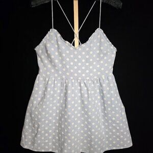 ZARA Linen Chambray Polkadot Lace-up Lined Mini Dress L